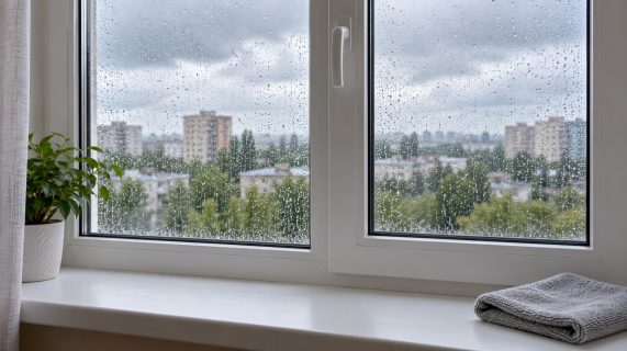 Закрытое пластиковое окно во время дождя и сухой подоконник