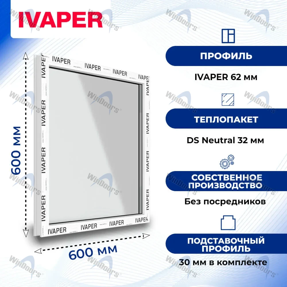 Окно 600 х 600 мм, IVAPER 70, одностворчатое, глухое, теплопакет DS Neutral