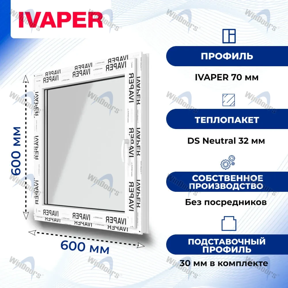 Окно 600 х 600 мм, IVAPER 62 (Фурнитура Weidtmann), одностворчатое, поворотно-откидное левое, теплопакет DS Neutral