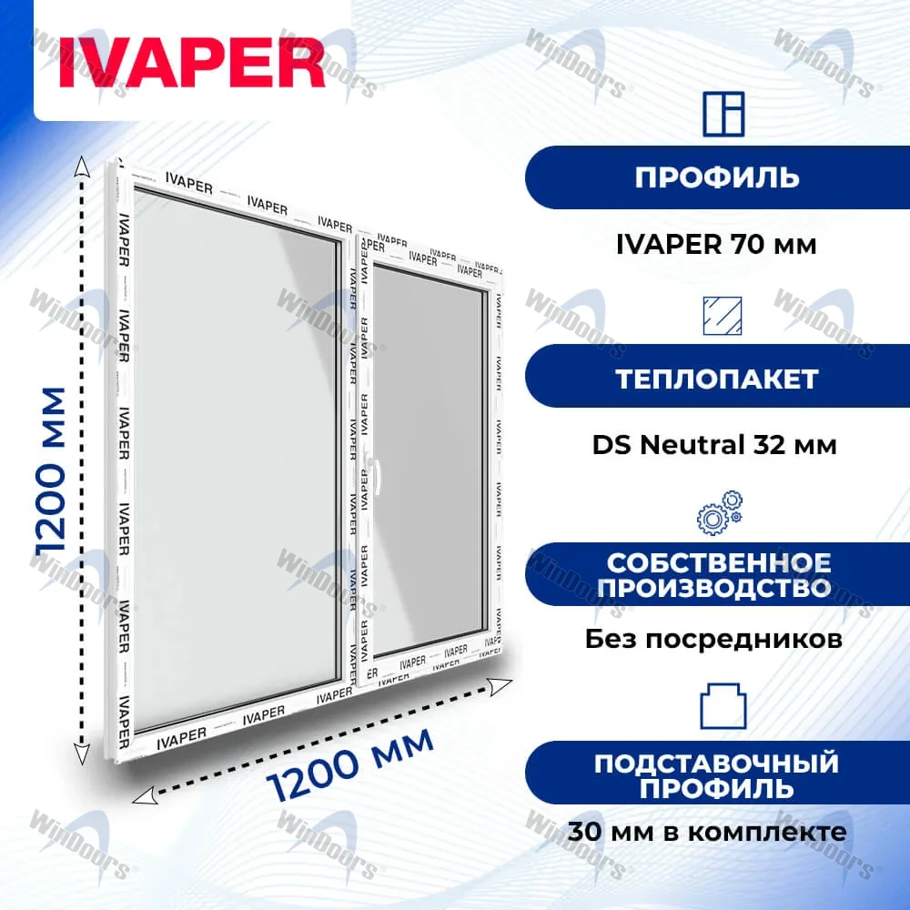 Окно 1200 х 1200 мм, IVAPER 62 (Фурнитура UPT), двухстворчатое, поворотно-откидное правое, теплопакет DS Neutral