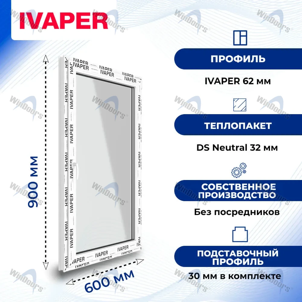 Окно 600 х 600 мм, REHAU GRAZIO (Фурнитура Weidtmann), одностворчатое, поворотно-откидное левое, теплопакет DS Neutral